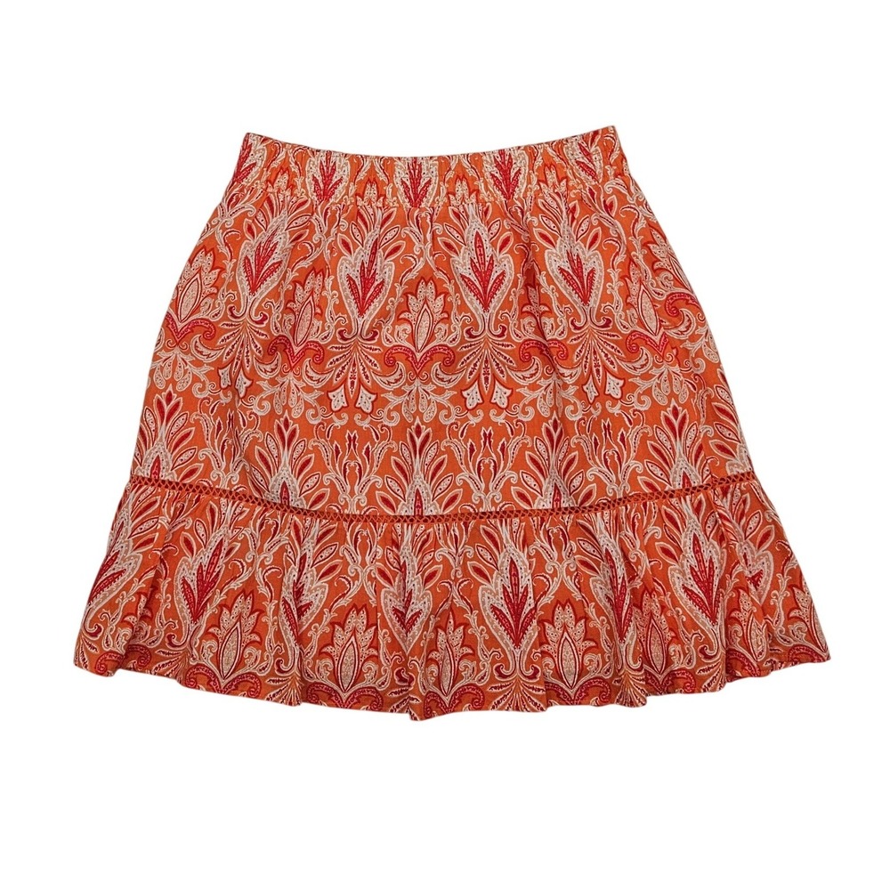 LOFT Orange Red‎ Damask Paisley Tiered Ruffle Mini Skirt Lace Trim Small